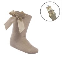 S151-BE: Beige Knee Length Socks w/Bow (2-9 Years)